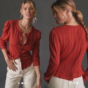 Pilcro and the Letterpress Anthropologie Cropped Ribbed Knit Button Down Top Med